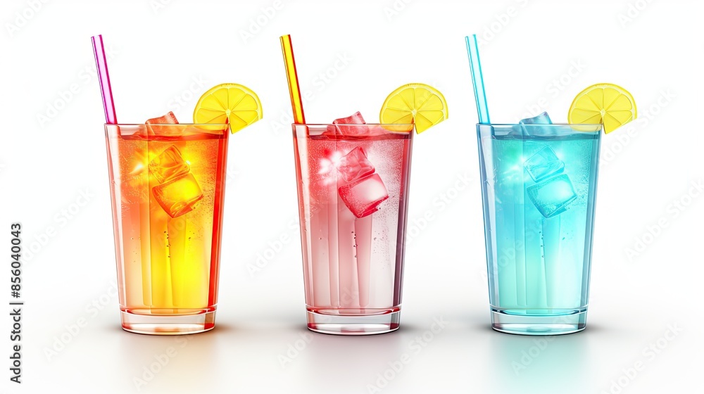 Poster refreshing summer drinks with lemon slices and ice cubes in tall glasses. isolated on white backgrou