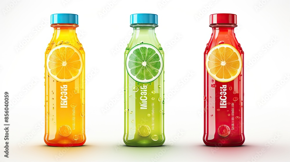 Poster three bottles of fresh juice in different colors and flavors. the bottles have a modern design and a