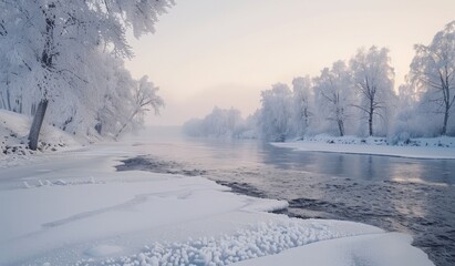 A tranquil riverside scene with a frozen river, snow-covered banks, and a forest of frosted trees under a pale winter sky