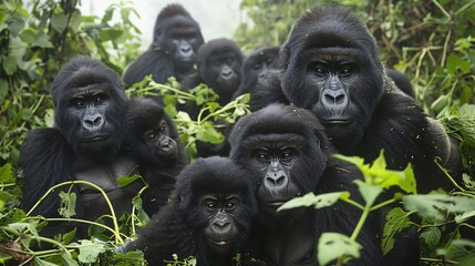 Obraz premium A group of mountain gorillas in the misty forests of Rwanda and the silverback male keeping a watchful eye on his family