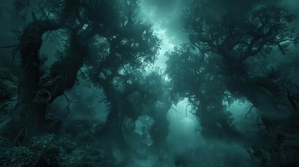 Obraz premium forest with trees and fog in the background