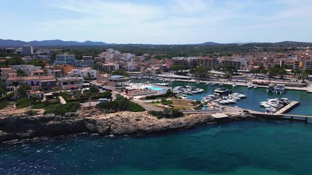 port of Porto Christo with drone, Mallorca island with boats