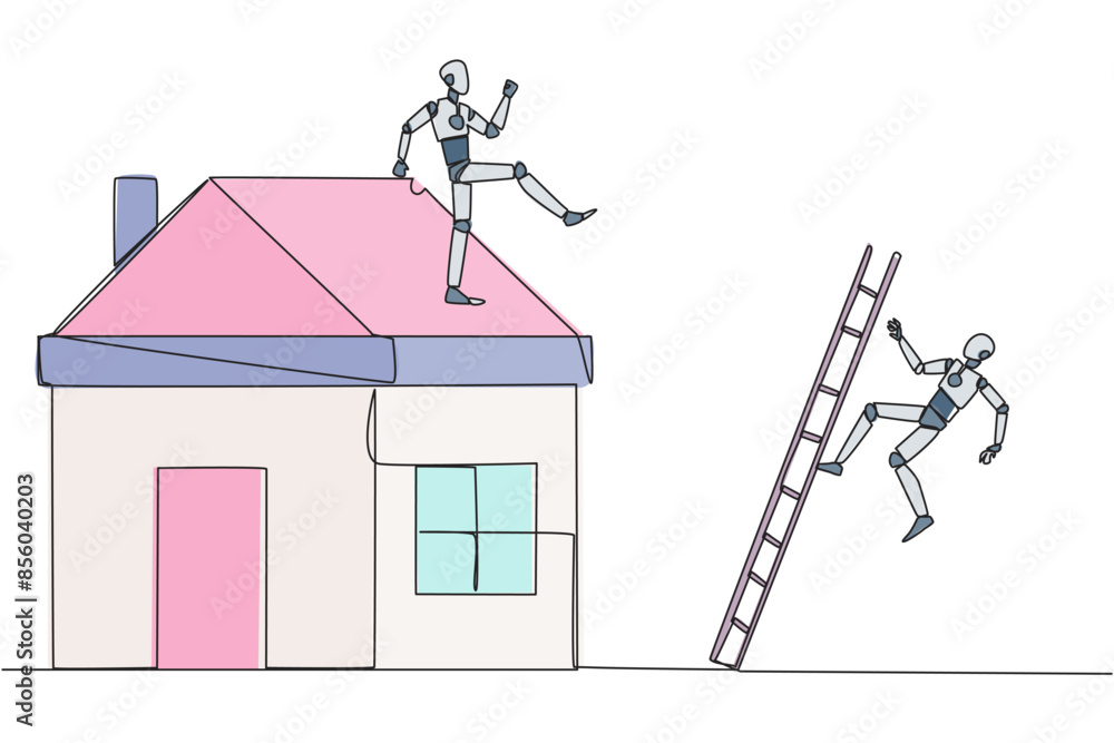 Poster single continuous line drawing smart robot kicks opponent who climbs a miniature house with stairs. 