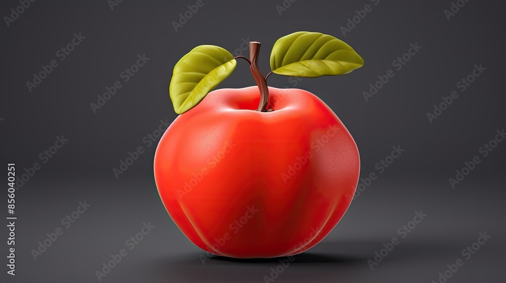 Poster 3d rendering of a red apple with green leaves on a dark background. the apple is photorealistic and 
