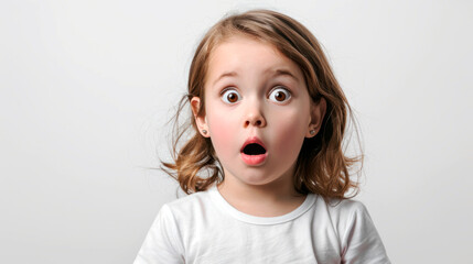 Surprised or scared little girl on a white background. Emotions.