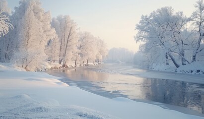 A tranquil riverside scene with a frozen river, snow-covered banks, and a forest of frosted trees under a pale winter sky