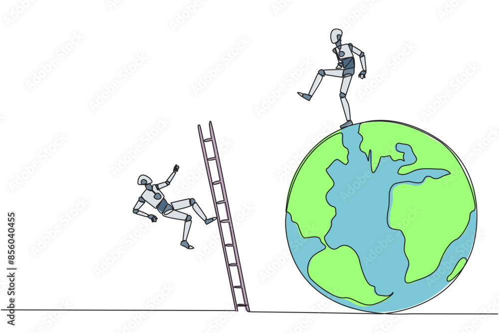 Poster continuous one line drawing smart robot kicks opponent who climbing the globe with a ladder. failed 