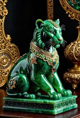 Fototapeta premium A decorative sculpture of a tiger made of green marble stone with golden jewelry.