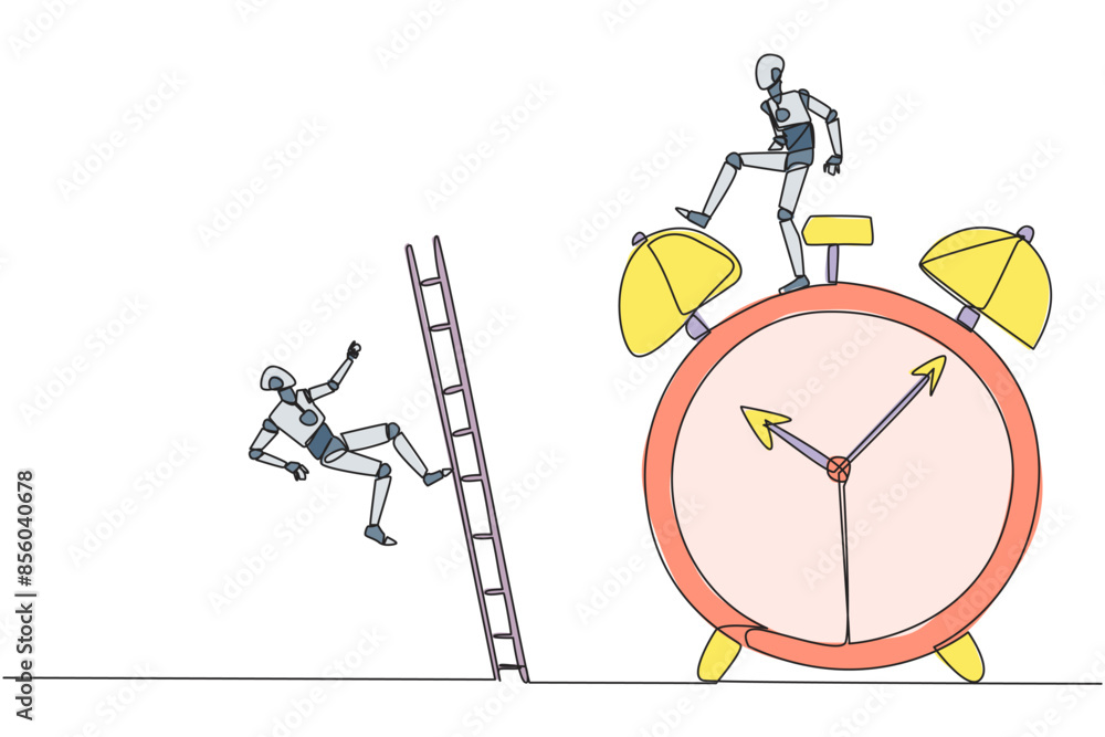 Aufkleber single one line drawing smart robot kicks opponent who climbs the alarm clock with ladder. arrogance