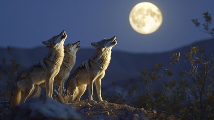 A pack of coyotes howling at the moon in the desert night and their eerie calls echoing across the landscape