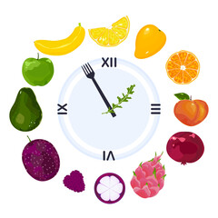 Vector illustration of healthy food, good food about vegetables, fruits, organic. Arranged according to color circle. Bright Roman letter clock, isolated on a white background for the poster. Banner..