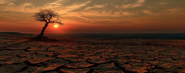 Lone barren tree at sunset on cracked earth landscape, climate change and drought concept