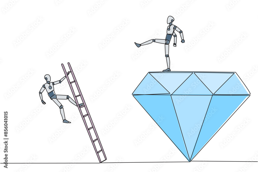Poster single continuous line drawing smart robot kicks rival who is climbing the diamond with a ladder. kn