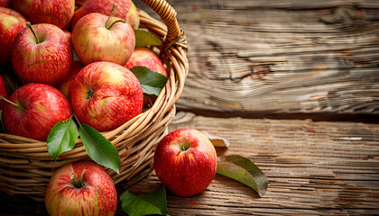 Apples In Wooden Basket On Table At Sunset - Autumn And Harvest Concept