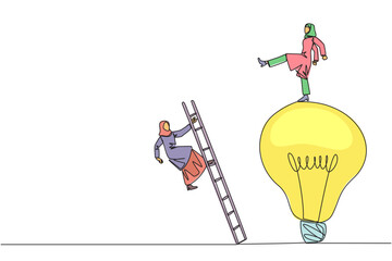 Single continuous line drawing Arab businesswoman kicks opponent who climbs lightbulb with a ladder. Dropping colleague because don't have bright ideas. Traitor. One line design vector illustration