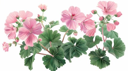 Beautiful Pink Geranium Flowers with Lush Green Leaves, Generative AI