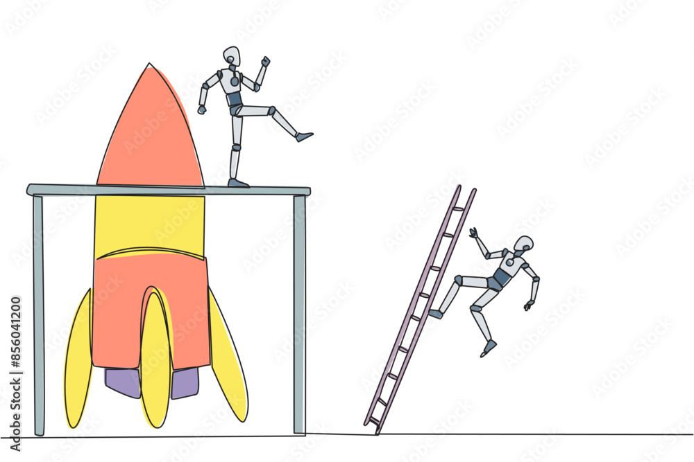 Poster continuous one line drawing the robot kicks opponent who climbing the rocket with ladder. failure to