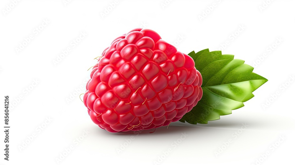 Poster a close-up image of a fresh, ripe raspberry with a green leaf. the raspberry is red, plump, and juic