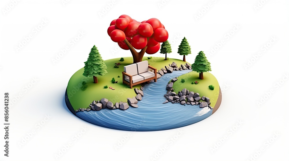 Poster 3d rendering of a small island with a red tree, a bench, and a river. the island is surrounded by ro