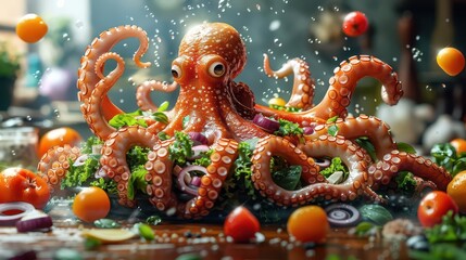 Fototapeta premium octopus made of vegetables and fruits on a table