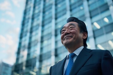 Fototapeta premium Happy Japanese businessman standing confidently in front of a modern glass building in a bustling city