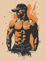 Fototapeta premium A man with a hat and a shirtless chest is standing in front of a splash of orange paint