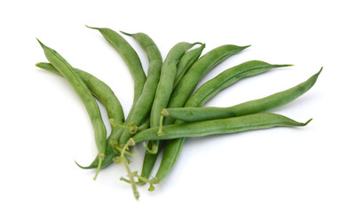 Green beans with leaves on white background