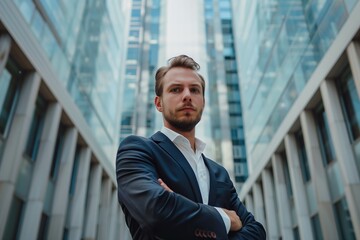 Fototapeta premium Young confident businessman standing in a modern glass building corridor, showcasing determination and ambition