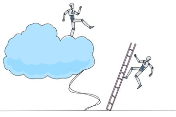 Single one line drawing smart robot kicks opponent who climbing the cloud with a ladder. Perfect achievement in business. Bring down competitors in any way. Continuous line design graphic illustration