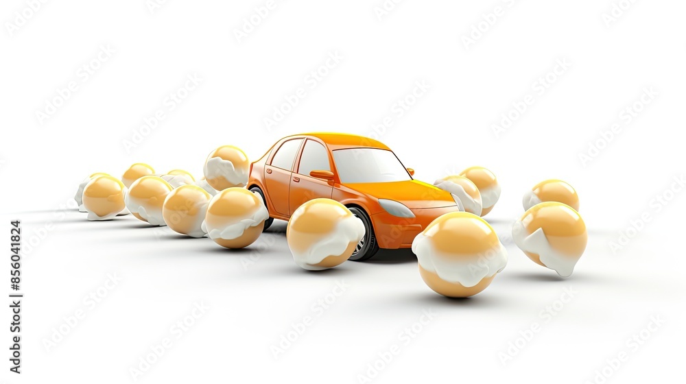 Poster 3d rendering of an orange car with white egg-shaped objects around it. the car is in the center of t