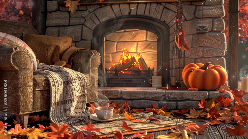 Poster Fireplace Ambiance: A crackling fireplace with a steaming cup of coffee on the mante