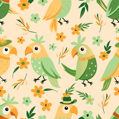 seamless Tropical vintage palm leaves,flower, pastel cockatoo parrot floral seamless pattern white background. Exotic jungle wallpaper.vector illustrator