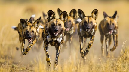 A pack of African wild dogs on the move and their mottled coats and large ears giving them a distinctive appearance as they trot across the savanna