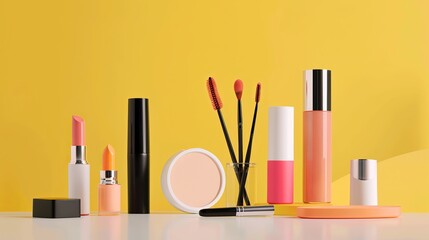 Makeup items displayed elegantly on a yellow backdrop.