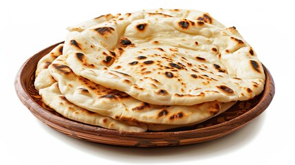 Naan, a traditional Indian flatbread, served on a plate, isolated