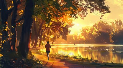 Fototapeta premium energetic man running in beautiful park at sunrise healthy active lifestyle digital painting