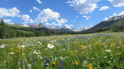 A tranquil meadow filled with wildflowers and surrounded by snow-capped peaks. 