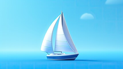 Obraz premium 3D rendering of a sailboat with white sails on a blue background. The sailboat is in the foreground and is facing the right side of the image.