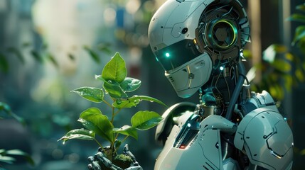 robot holding a plant in its hand