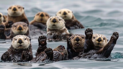 A group of sea otters floating on their backs and their furry paws and whiskered faces a picture of contentment as they crack open shellfish on their chests