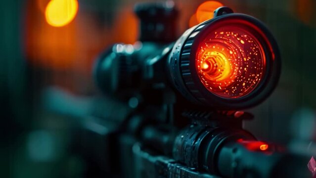 This close-up shot of a rifle scope with a bright orange glare in the lens.