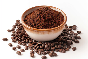 coffee beans and cup, An ultra-realistic image of a bowl filled with ground coffee and coffee beans, isolated on a clean white background