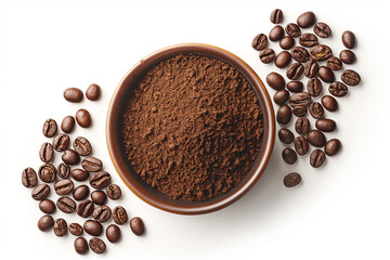 coffee beans in a cup, An ultra-realistic image of a bowl filled with ground coffee and coffee beans, isolated on a clean white background