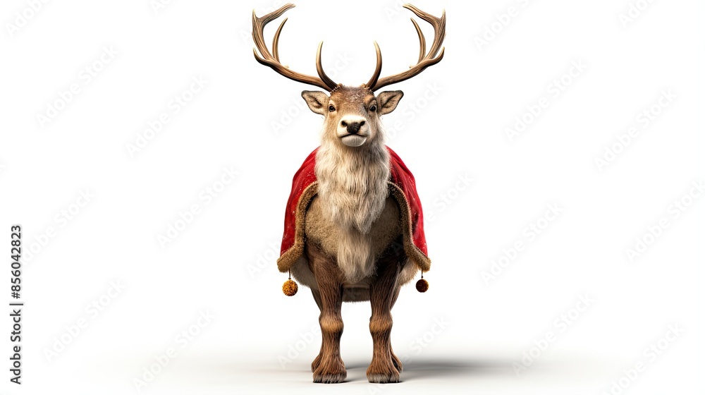 Aufkleber 3d rendering of a reindeer wearing a red cape with fur trim. the reindeer is standing on a white bac
