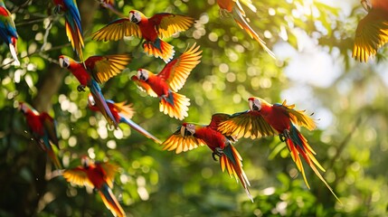 A flock of parrots bursting from the treetops and their bright feathers a kaleidoscope of color against the green foliage as they take to the sky