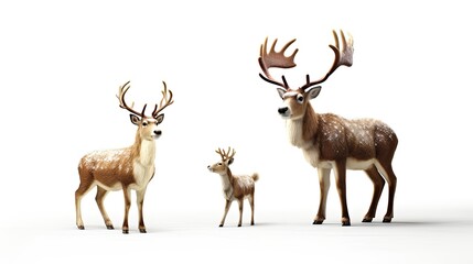 Obraz premium A family of deer stands together in the snow. The majestic father, the graceful mother, and their playful fawn.