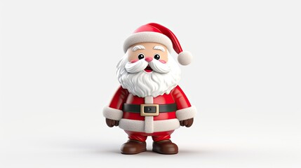 3D rendering of a cute Santa Claus character. He is wearing a red suit with white trim, a red and white hat, and brown boots.