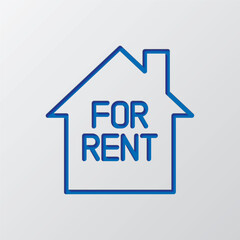 For rent, house simple icon vector. Flat design. Paper cut design. Cutted blue symbol with shadow. Gray background