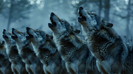 A pack of wolves howling in unison and their haunting calls echoing through the forest