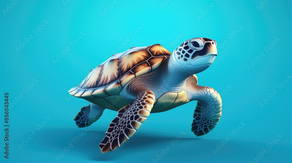 Poster 3d rendering of a green sea turtle isolated on a blue background. the turtle is facing the right of 